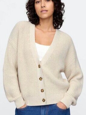 GAP 100% Cotton Cream V-Neck Button Front Chunky Knit Cardigan